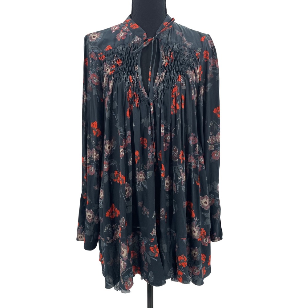 Free People Floral Butterfly‎ Smocked Tunic Dress Charcoal Red OB534382 Womens S